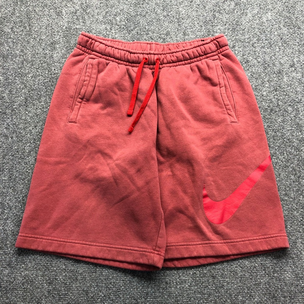 Nike Mens Fleece Shorts Red Big Swoosh Logo Drawstring Pockets Small